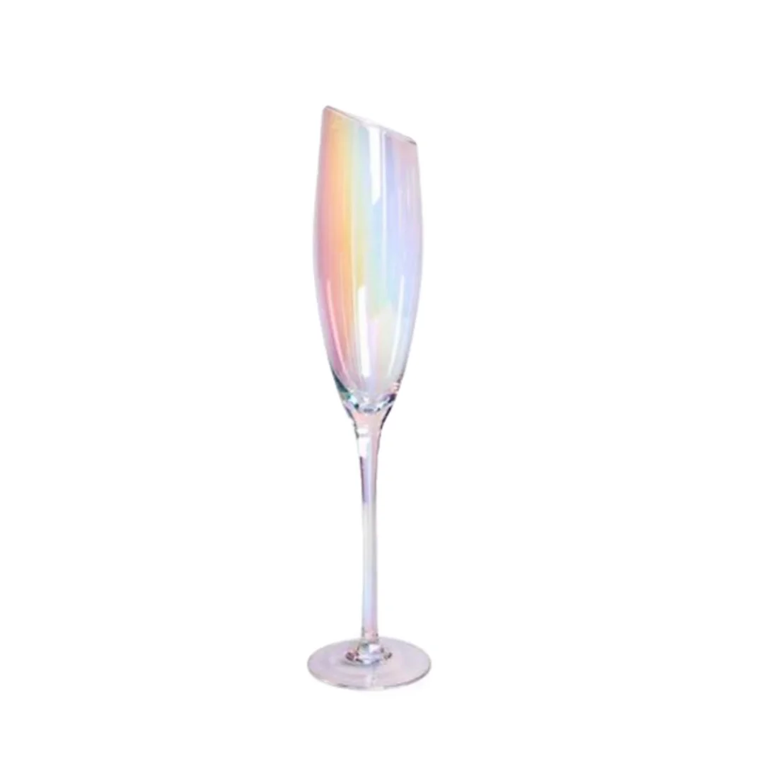 HAND BLOWN - These flutes are made with finest quality, lead-free crystal glass that’s masterfully hand-blown by highly trained artisans to give each champagne glass a gorgeous finish that’s durable and sophisticated.;COLORFUL VACUUM ION PLATING PROCESS - Radiant Iridescent Color: These unique glasses feature a brilliant, sparkly Aura effect that makes them perfect for pictures, parties, and memories.;DESIGNED TO IMPRESS - Using only high quality crystal glass with a shimmery iridescent coating, these will be the talk of the party.;STYLISH CUT RIM DESIGN - One of the most original aspects of these crystal flutes is their slanted rim. It slants at a comfortable angle. When sipping your favorite wine you can inhale the bouquet captured by the shape of these stemware.;LASER COLD CUTTING PROCESS - These modern flutes are integrally formed,and the glass mouth uses the latest laser cold cutting technology,so the ultra-thin and smooth rim allows champagne to enter the mouth smoothly,greatly enhancing the perceived quality and flavor of any champagne.;SMOOTH TOUCH & COMFORTABLE HOLDING - The curve of the side sits solidly in your hand. It can create the best gripping points for picking up and holding these unique flutes.;VERSATILE - These are the ideal way to add a touch of class to any occasion, whether it's a formal reception, a mother’s day, weddings, a father’s day, christmas, birthday, a romantic dinner or a casual get-together with friends.;EASY TO CLEAN - Adds a luxury look to your bar top and dining table without the hassle. Carefully crafted these stemmed flutes are dishwasher-safe for quick & easy cleaning;PERFECT GIFT IDEA